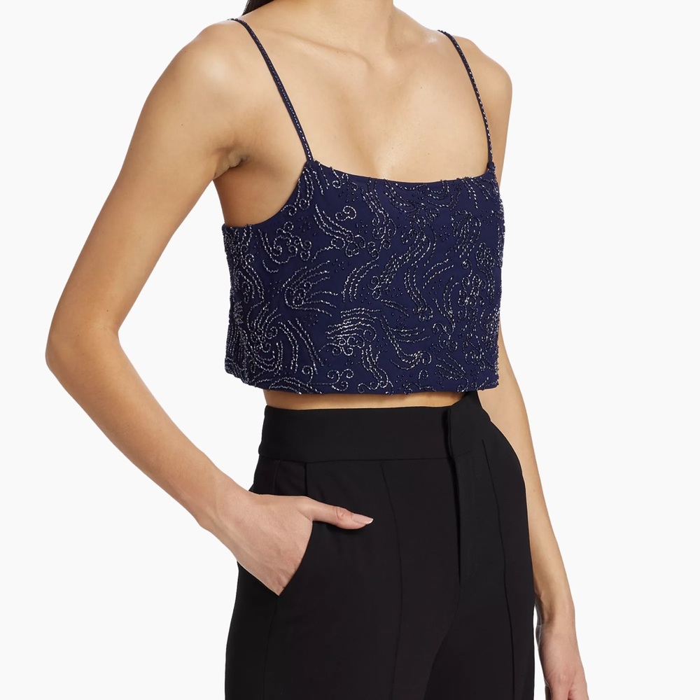 NWT Staud Fermo Paisley Pattern Sparkly Beaded Crop Camisole Top in Navy Size S